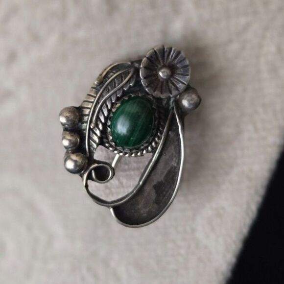 Vintage Silver Malachite Stone Brooch/Stick Pin - Picture 2 of 3